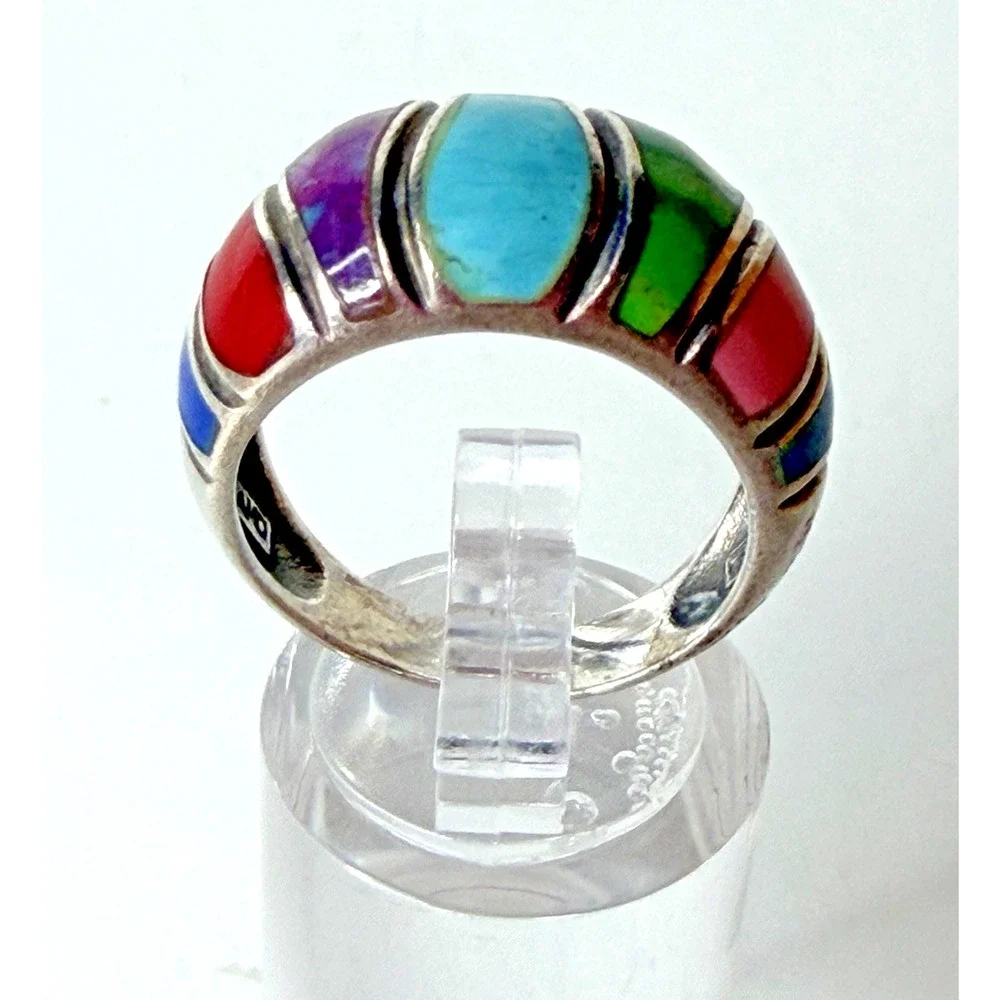 Vintage SE 925 Thailand Sterling Silver Multicolor Inlay Statement Ring 7.5